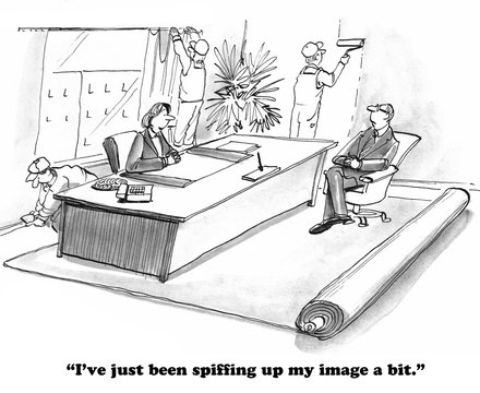 Business cartoon about a leader spiffing up her image.