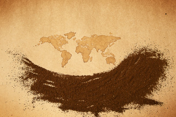 Abstract Coffee powder on Earth map painted paper