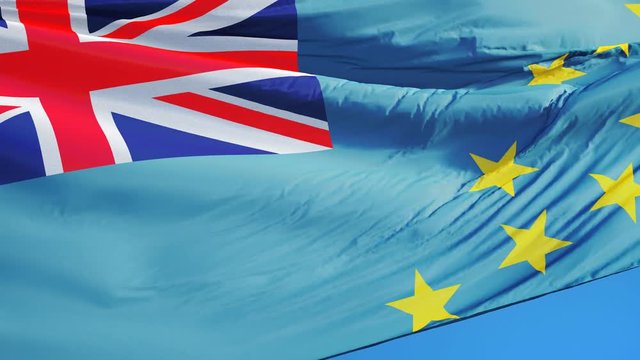 Tuvalu flag waving in slow motion against clean blue sky, seamlessly looped, close up, isolated on alpha channel with black and white luminance matte, perfect for film, news, digital composition