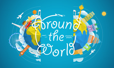 Vacation travelling concept. Vector travel illustration with dif