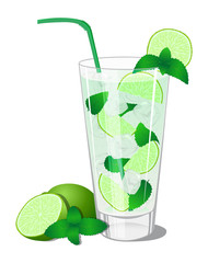 Cocktail Mojito with lime and mint in the highball on a white background