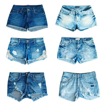 collection of different jeans shorts on a white background. front view.