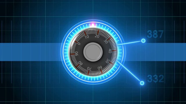 Combination lock choosing the right combination of numbers. 4K virtual animation spinning combination lock. Cyber security concept.