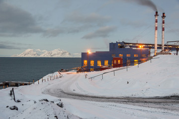 Fototapeta na wymiar Power station in Barentsburg - Russian village on Spitsbergen