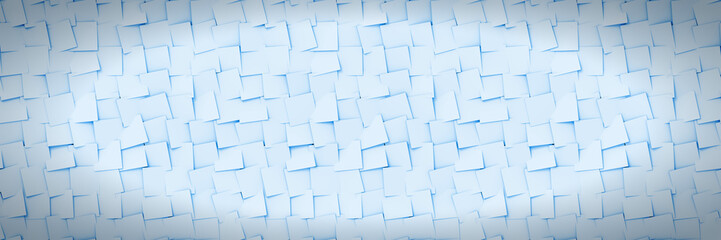 Fototapeta na wymiar abstract banner made of chaotic arranged cubes in shades of blue with vignette
