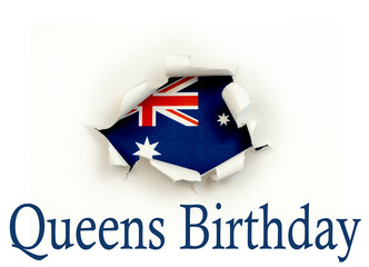 Red, white and blue Australian flag framed by white paper torn open in a round shape. Shadows under the curled edges of the paper add to the frame. Text for Queens Birthday celebration
