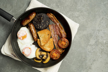 Cooked Full English Breakfast in Frying Pan