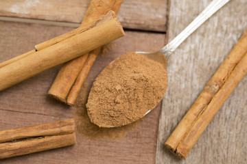 Ground Cinammon and Sticks with Spoon on Wood
