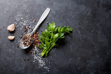Garlic, pepper and salt spices, parsley herb
