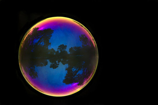 Large soap bubble reflecting outdoor park scene from San Francisco Golden Gate Park isolated on dark background