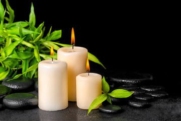Obraz na płótnie Canvas spa concept of twigs bamboo with dew and candles on zen basalt s
