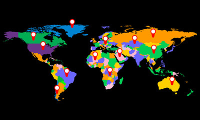 Colorful world map with markers, vector illustration