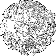 Portrait of a horse with clouds and flowers.