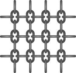 Iron chain with iron link connected in a row horizontally and vertically alternately.Iron grille made of steel chains on a white background