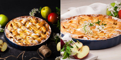 Homemade apple pie on a white wooden background.