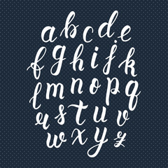 White hand drawn latin calligraphy brush script of lowercase letters. Calligraphic alphabet. Vector