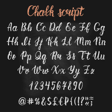 Chalk handdrawn latin calligraphy brush script with numbers and symbols. Calligraphic alphabet. Vector