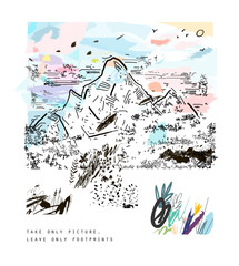 Sketch of a mountains, hand drawn vector illustration. Art poster