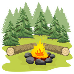 Campfire with stones and wooden logs in forest clearing