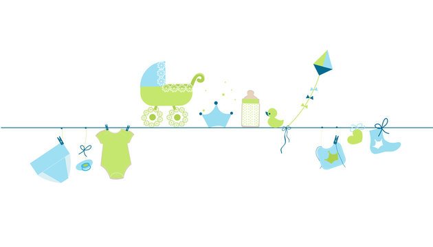 Baby shower greeting card. Hanging baby boy symbols illustration