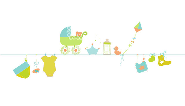 Baby shower greeting card. Hanging baby boy symbols illustrations