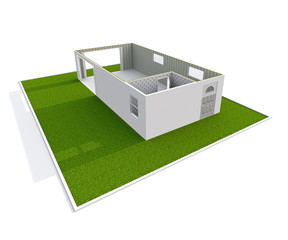 3d interior rendering oblique view of empty paper model home apartment with green garden all around