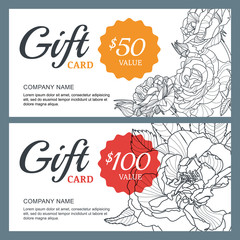 Vector gift voucher template with roses flowers. Business floral card template. Outline roses background. Concept for floral shop, beauty salon, spa, flyer, gift coupon, invitation, banner design.
