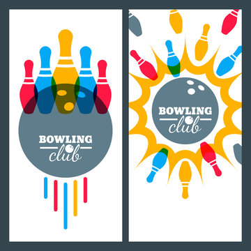 Bowling backgrounds and isolated elements for banner, poster, flyer, label design. Abstract vector illustration of bowling game. Colorful bowling ball, bowling pins.