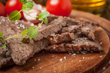 Slices of fried beef.