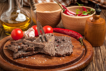 Slices of fried beef.