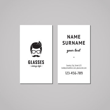Eyeglasses business card design concept. Eyeglasses logo with a mustached man. 