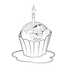 Cartoon cupcake with candle. Coloring page