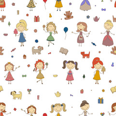 Little girls playing vector. Cartoon drawing of children. Daughter and mother. Girls seamless pattern background.