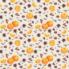Watercolor winter spices and mandarin. Repeating pattern