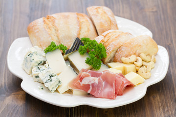 prossiutto with cheese and bread on white plate on brown wooden background
