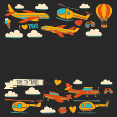 Vector doodle set of travel and transportation Car plane helicopter ballon ship