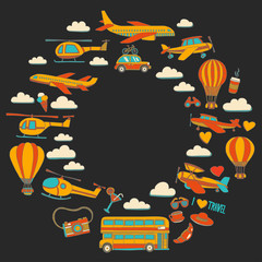Vector doodle set of travel and transportation Car plane helicopter ballon ship