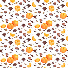 Watercolor winter spices and mandarin. Repeating pattern