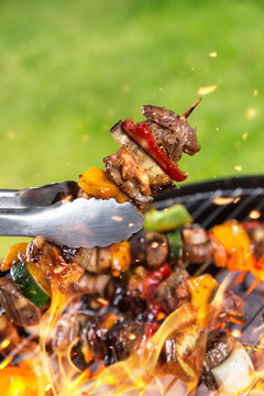 Meat skewer on grill