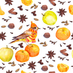 Watercolor winter spices and fruits - apple, mandarin with bird