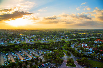 Gorgeous sunset view on the beautiful city of Orlando from above.