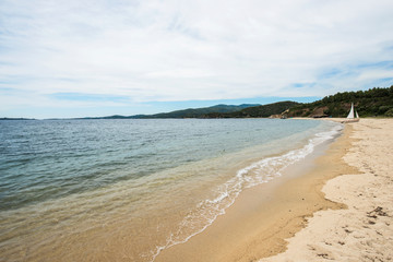 Yellow sand beach and blue sky and sea