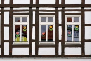 Windows of half-timber house in Hameln, Germany.
