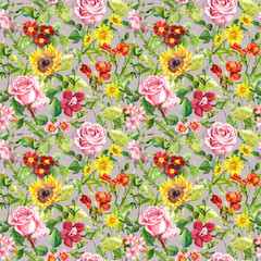 Meadow flowers, summer herbs. Seamless floral pattern. Watercolor