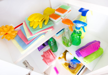 Cleaning supplies in pantry