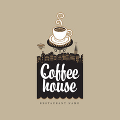 banner for coffee house with cup against the backdrop of the old town