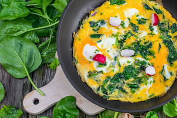 Detail on a Spinach Omelette in the Pan on Wooden Board, Top Vie