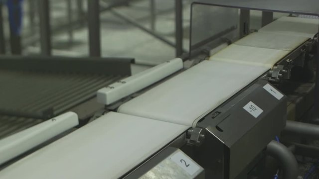 Sorting escalope boxes on a conveyor belt.