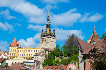 Fototapeta premium Beautiful panoramic view over traditional architecture of Sighisoara citadel in Romania