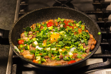 fried eggs with meat